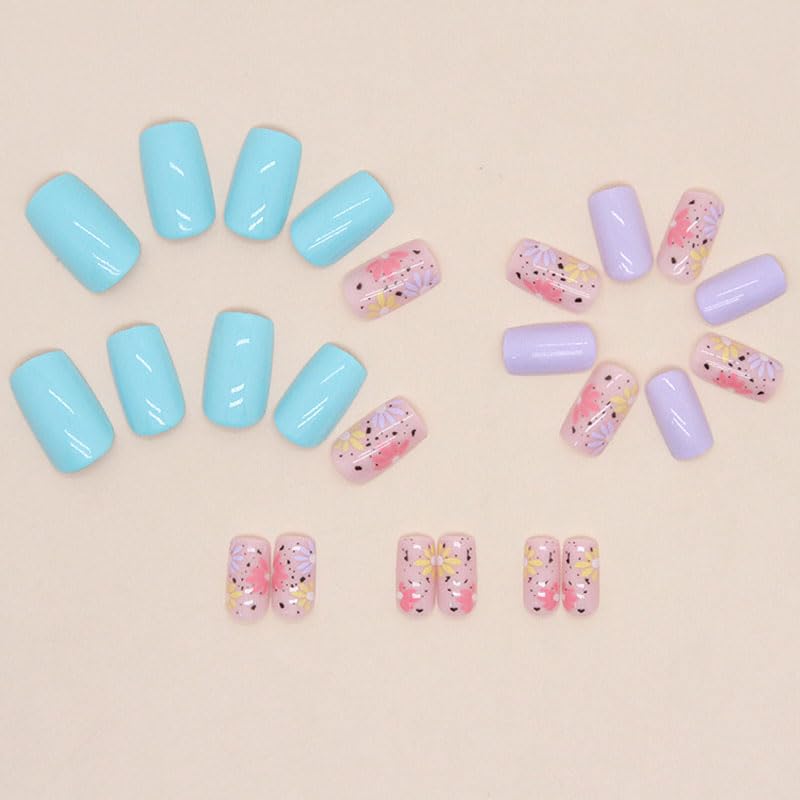 BAOYAALIN Press on Nails Short Medium Square Fake Nails with Exquisite Daisy Flower Design, Press ons Artificial Acrylic Full Cover False Stick on Nail for Women Girls Daily Wear Wedding 24Pcs