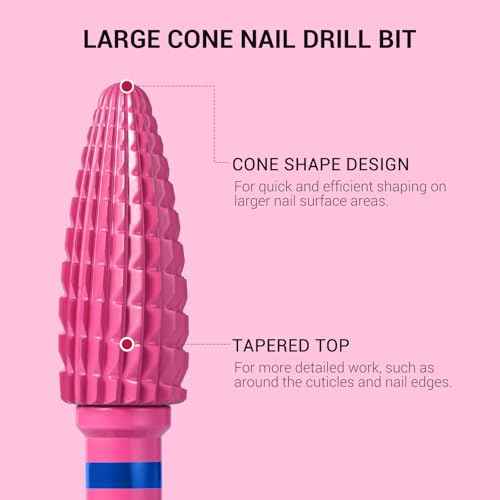 MelodySusie Large Cone Nail Drill Bits, 3/32'' Carbide Tungsten Multi-function Bits, Fast Remove Acrylic or Hard Gel for Manicure Pedicure Salon Professional or Beginner, Pink Blossom, Medium