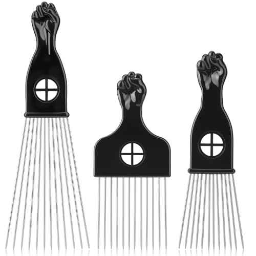 3 Pack Afro Hair Picks for Men and Women, Cpoxixt Metal Afro Comb Picks for Natural Curly Hair Styling Fist Design(Black)