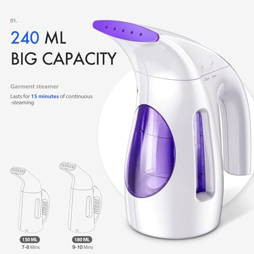 HiLIFE Steamer for Clothes, Portable Handheld Design, 240ml Big Capacity, 700W, Strong Penetrating Steam, Removes Wrinkle, for Home, Office and Travel(ONLY FOR 120V) (Purple)