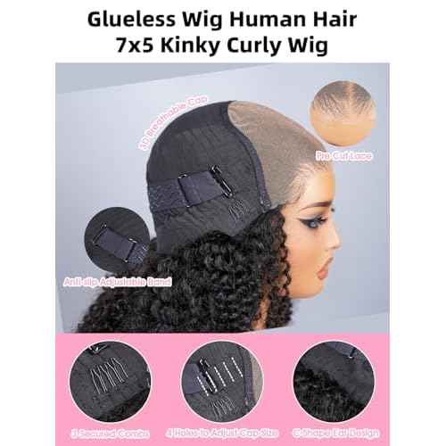 20 Inch Glueless Wigs Human Hair Pre Plucked Pre Cut 7x5 Kinky Curly HD Lace Front Wigs Human Hair for Women 180% Density Wear and Go Closure Wig Beginner Friendly Natural Black