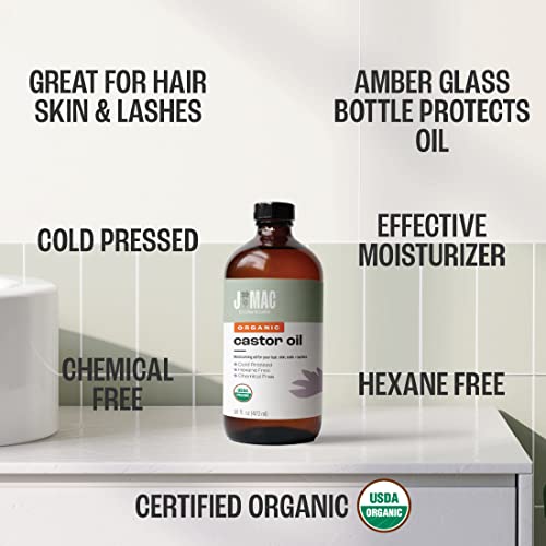 J MAC BOTANICALS, Organic Castor Oil Cold Pressed (Glass Bottle, 32 oz) pure unrefined, hexane free for face, skin, eyelashes, pack wraps, pads