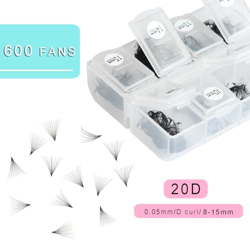 600 Fans 20D Curly Premade Eyelash Extensions 8-15mm Mixed Length Handmade Thin Base Pre-made Fan Clusters D Curly Loose Fan Design for Natural Volume (20D-0.05-D-8-15mm£©