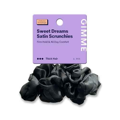 Gimme Beauty Large Satin Hair Scrunchies - Soft, No-Breakage Bands - Perfect for Thick Hair & Bedtime Wear - Firm Hold & Gentle, Crease-Free Accessories for Women - Black, 4 Pack