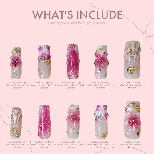 Pink Summer Floral Press On Nails 10pcs, 3D Flower Tropical Beach Nail Set with Gold Shells Rhinestones, Pastel Gradient Mermaid Fake Nails for Women, Acrylic UV Gel Wearable Nails (Pink, S)