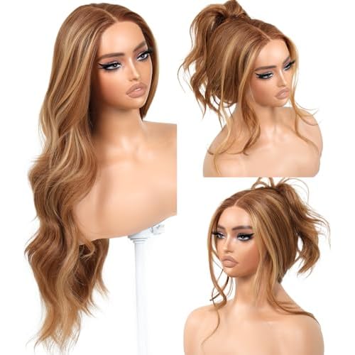 Honey Blonde Body Wave Glueless Wigs With Bangs Synthetic Lace Front Wigs Pre Plucked Pre Cut HD Lace 13x5x1 Middle Part Wigs For Woman 26 Inch