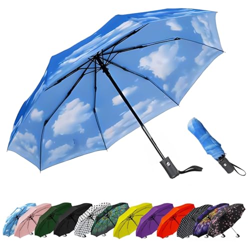 SIEPASA Windproof Travel Compact Umbrella-Automatic Umbrellas for Rain-Compact Folding Umbrella, Travel Umbrella Compact, Small Portable Windproof Umbrellas for Men Women Teenage. (Sky)