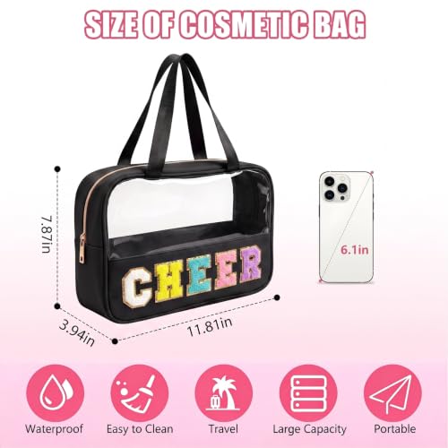 KRYZMET Cheer Makeup Bag Black with Chenille Letter Patch Waterproof Nylon, Travel Organizer for Girls & Women