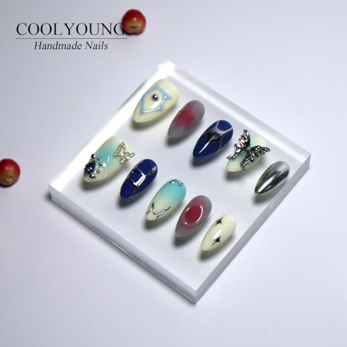 Homemade Press On Nails, Fake Nails Almond, 3D, Handmade Acrylic Press On Nails, Gifts For Women, COOLYOUNG Handmade Nails, 10 PCS Blue Nails, Size L