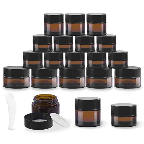 Glarks 40Pcs 5g 10g 20g Amber Glass Jars Round Containers with Black Lids and 10pcs Plastic Spatulas Kit for Makeup, Cream, Lotion, Sugar Scrubs, Eye Shadow, Slime, Paint, Jewelry