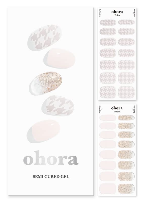 ohora Semi Cured Gel Nail Strips (N Mellow) - White, Patterned, Works with Any UV/LED Nail Lamps, Salon-Quality, Long Lasting, Easy to Apply & Remove - Includes 2 Prep Pads, Nail File & Wooden Stick