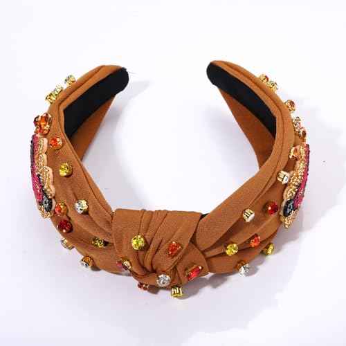 Thanksgiving Headband for Women Fall Accessories Beaded Pumpkin Headband Jeweled Rhinestone Crystal Knotted Hairband Thanksgiving Fall Hair Accessory Gifts (Turkey 4- Brown)