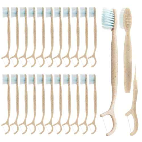 Travel Toothbrush Dental Floss Picks - 4 in 1 Biodegradable Disposable Toothbrushes with Tongue Scraper, Eco-Friendly Individually Wrapped Toothbrush for Adult Kids Travel Oral Care, 40 Pack
