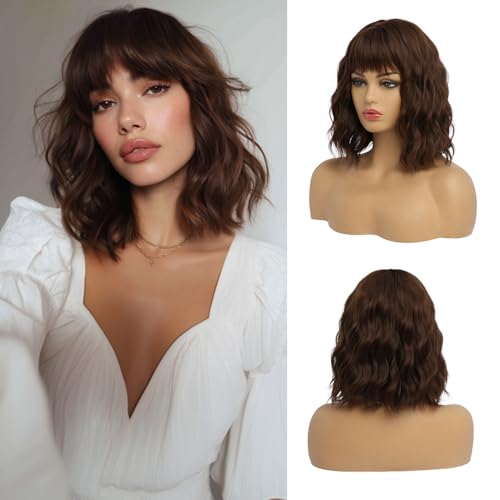 EssionTech Short Brown Bob Wig with Bangs 14 Inch – Premium Synthetic Wavy Wig