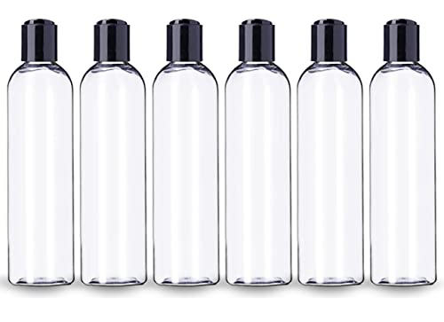 8 oz Clear Plastic Refillable Bottles with Black Disc Top Caps - BPA Free, Made in USA