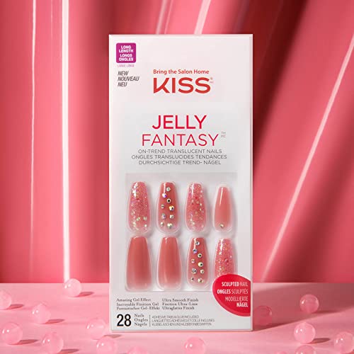 KISS Jelly Fantasy On-Trend Translucent Nails, Long Sculpted Glue-On/Press-On Fake Nails Kit, “Be Jelly”, with Pink Gel Nail Glue, 24 Mega Adhesive Tabs, Mini File, Manicure Stick, & 28 (Pack of 2)