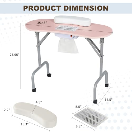 36" Portable Manicure Table with Dust Collector & Charging