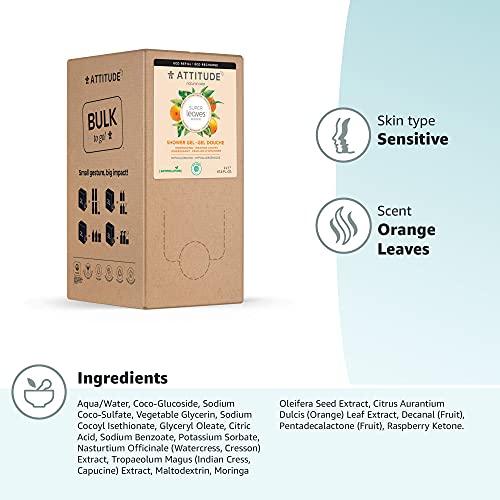 ATTITUDE Body Wash, EWG Verified Shower Gel, Dermatologically Tested, Plant and Mineral-Based, Vegan Personal Care Products, Orange Leaves, Bulk Refill, 67.6 Fl Oz