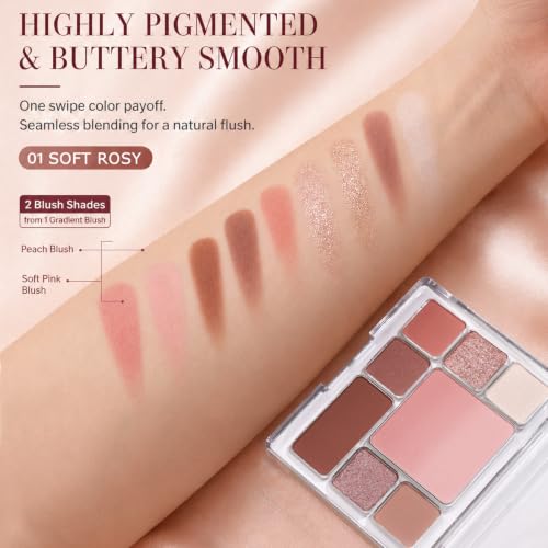 MOOMARTO All-in-One Makeup Palette with Eyeshadow, Blush & Contour - Soft Rosy