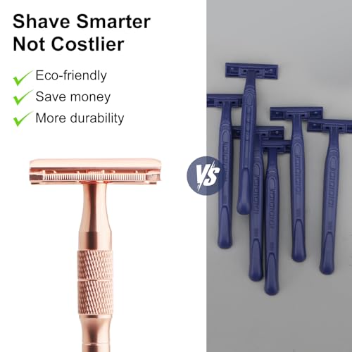 Rose Gold Safety Razor, Single Blade Razors for Women, Reusable Metal One Blade Razor Women, with 10 Stainless Steel Double Edge Blades, Eco-friendly, Smooth & Close Shave