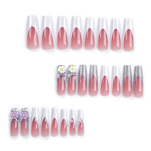 Nude Press on Nails Long Coffin False Nails with Pattern Design French Tip Full Cover Stick on Nails Matte Fake Nails for Women Girls Pretty Artificial Acrylic Nails Kit 24pcs