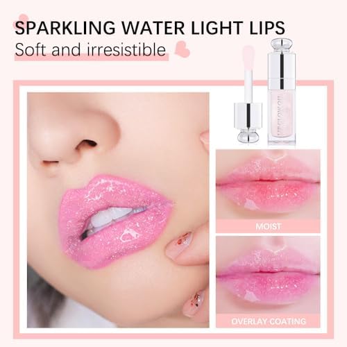 Plumping Lip Oil,Hydrating Gloss Tinted Lip Balm Transparent Lip Care,Big Brush Head Glitter Shine,Long Lasting Nourishing Non-sticky Fresh Textureand Dry Lips Lip Care Products0.2 OZ(008# SAKURA)