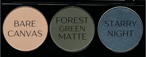 Pure Ziva Off White, Matte Medium Green, and Glitter Navy Blue Green Vegan Eyeshadow Trio Palette; Talc, Paraben & Cruelty Free