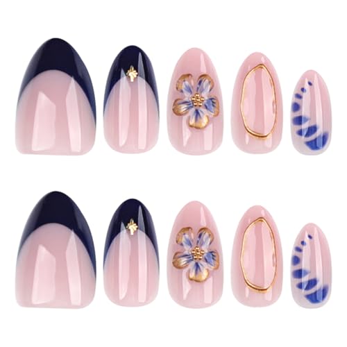 Medium Almond Blue French Tip Press-On Nails with 3D Flowers - 24 Pcs