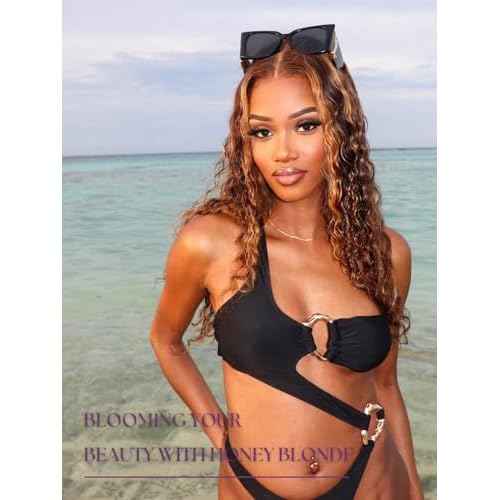 Honey Blonde Highlight 3 Deep Wave Bundles with 13x4 Frontal Human Hair 16 18 20+16, 12A 100% Virgin Thick Track Brazilian Weaves P4/27 Ombre Brown Curly Bundles with HD Lace Frontal Pre Plucked