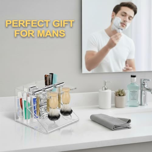 Shaving Brush Stand and Razor Holder, Safety Razor Stand for Men with Smooth Scratch-Resistant Surface - Multi-Function Storage Solution to Prolong Your Brush Life - Fits Most Razors and Brushes