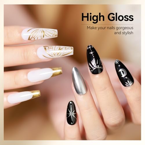 MIZHSE Metallic Gel Liner Nail Art Gold Silver 4 Colors, 3D Mirror Gel Painted Spider Drawing Line, Glossy Painting Swirl French Chrome Effect Nail Design Soak off Manicure Set for Nail Art