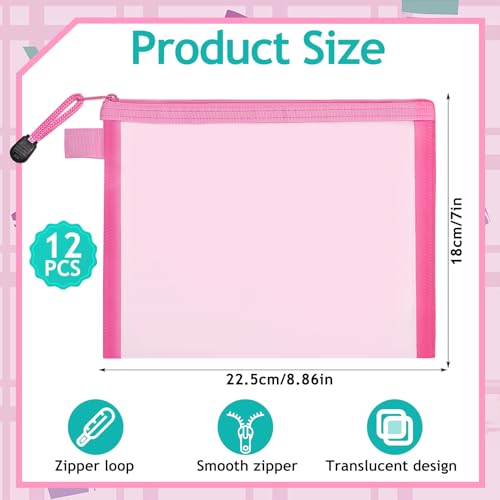 12-Piece Nylon Zipper Pouch Set, Pink Mesh Cosmetic Bags, Zippered Travel & Office Supplies Organizers - A5