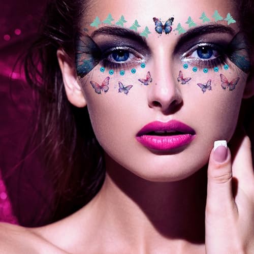 13 Sheets Glitter Eye Temporary Tattoos - Butterfly Flash Face Stickers with Conch Crystal Face Gems for Women & Girls - Birthday, Halloween, Christmas Party