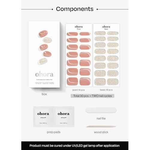 ohora Semi Cured Gel Nail Strips (N Muse Glow) - Works with Any Lamps, Salon-Quality, Long Lasting, Easy to Apply & Remove - Includes 2 Prep Pads, Nail File & Wooden Stick
