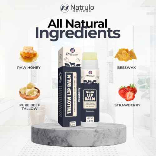 Beef Tallow Lip Balm ? Natural Tallow Beeswax Chapstick ? Hydrating Moisturizer Grass Fed Tallow Balm Care ? Soothes Chapped Dry Lips Sensitive Skin ? Long Lasting Vitamin Rich USA-Made, Strawberry