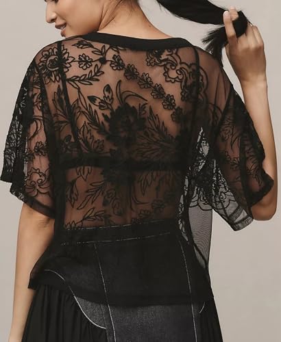 Sexy Lace Mesh Blouse with Embroidered Short Sleeves