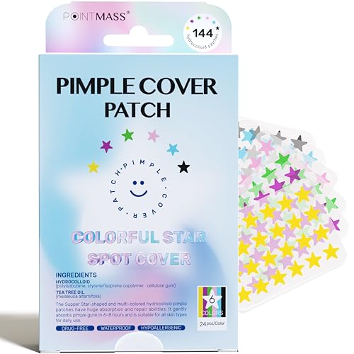 POINTMASS Star Pimple Patches: 6 Colors 144 Thickened Hydrocolloid Acne Patches Cute for Face and Skin Covering of Blemishes Zits etc. Acne Patches Contain Tea Tree Oil