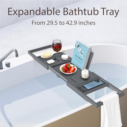 Bamboo Bathtub Caddy Tray - Expandable Bath Tub Organizer