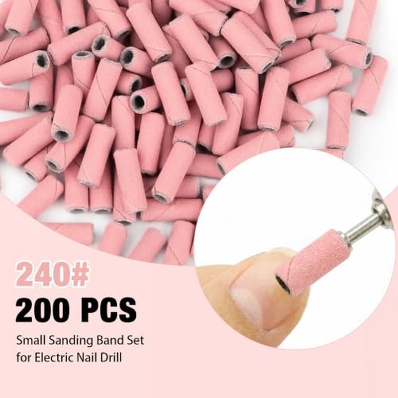 200 Pcs Pink Nail Drill Bits Sanding Bands 240 Grit & Mandrel