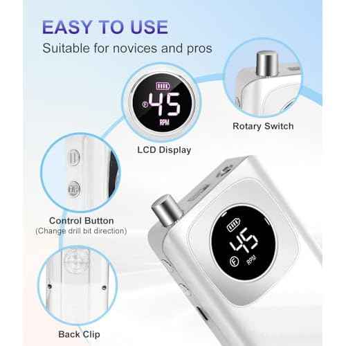 Portable Nail Drill Professional 45000 RPM, Rechargeable Electric Nail File Machine E File for Acrylic Gel Polishing Removing, Cordless E-File with Bits Kit for Manicure Salon Home