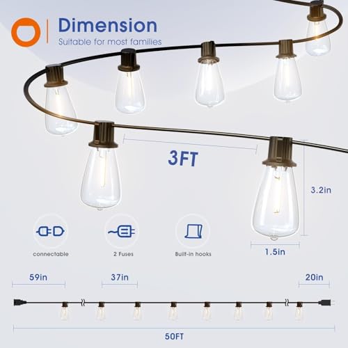 addlon 50FT LED Outdoor String Lights Waterproof Patio Lights with 16 Shatterproof ST38 Replaceable Bulbs(1 Spare), Dimmable Outside Hanging Lights Connectable for Porch, Backyard, 2200K Warm Yellow