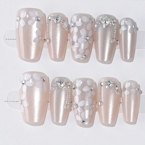 Press on Nails Short Coffin, Findigit Handmade Shinny Pink Flowers French Tip False Nail With Diamond Fake Acrylic Nail Kits, Full Cover Fake Nails Stick on Nails for Women Girls 10 PCS (S)