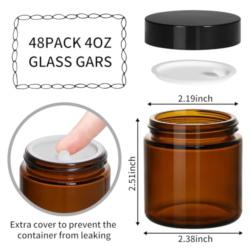 4oz Amber Glass Jars with Black Lids, 48 Pack