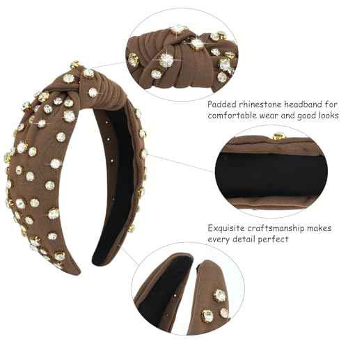 AMCAMI Brown Knotted Headband Rhinestone Jeweled Sparkly Headband for Women Girls Teacher Knot Beaded Crystal Headband Thick Dressy Headbands Hair Accessories for Women Girls
