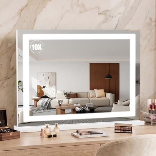 Vanity Mirror with Lights 28"x20", LED Makeup Mirror, 3 Color Lighting Modes, 10X Magnification, Smart Touch Control, Dimmable, Aluminum Metal Frame, Lighted Up for Vanity Desk (White)