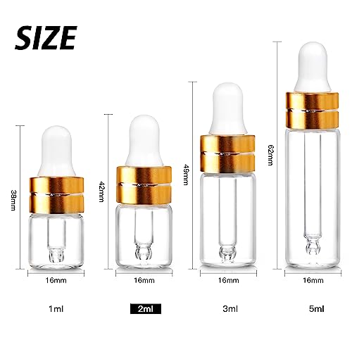 50 Pack 2ml Clear Glass Dropper Bottles with Gold Caps