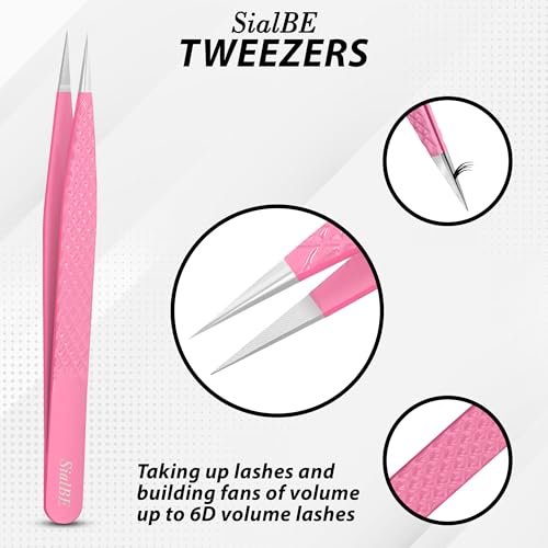 Fiber Tip Lash Tweezers-SialBE Diamond Grip Eyelash Tweezers, Straight and L-Shape Tweezers for Lash Extensions, 2 Pcs Stainless Steel Lash Extension Tweezers For Lash Experts and Personal Use