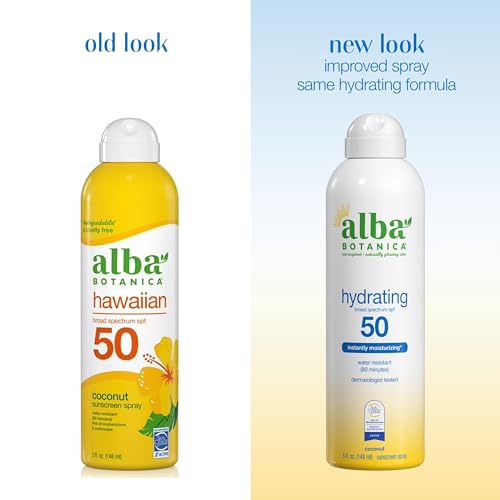 Alba Botanica Sunscreen Spray for Face and Body, Broad Spectrum SPF 50 Sunscreen, Hawaiian Coconut, Water Resistant and Biodegradable, 5 fl. oz. Bottle