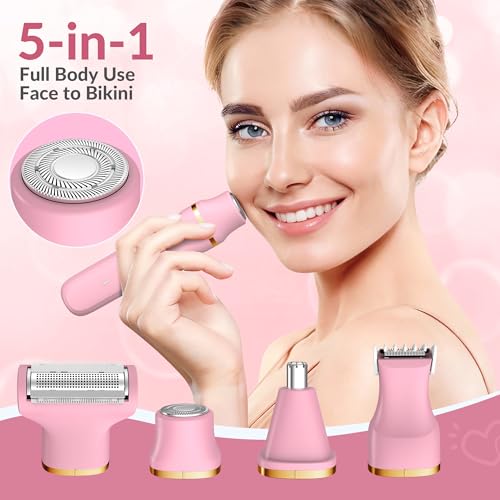 KINGTEE 5-in-1 Electric Bikini Trimmer for Women ? IPX7 Waterproof Shaver, Cordless Body & Facial Razors for Women, Ceramic Blades, USB-C Rechargeable, Painless Hair Removal Kit (Pink)