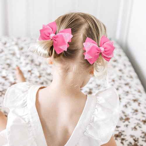 4 Inch Sparkly Glitter Pink Hair Bow Clips for Girls Boutique Sequin Alligator Barrettes Pins for Teens Toddler Children Kids Grosgrain Hair Accessories for Christmas Halloween Fall Birthday